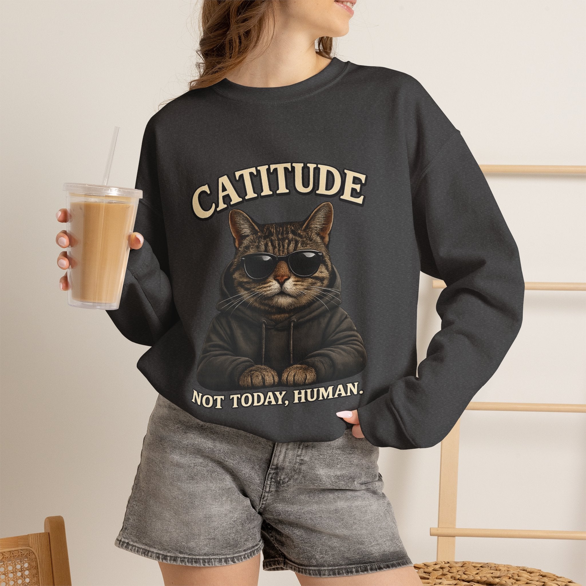Catitude Crewneck Sweatshirt — "Not Today, Human" Graphic Cat Pullover