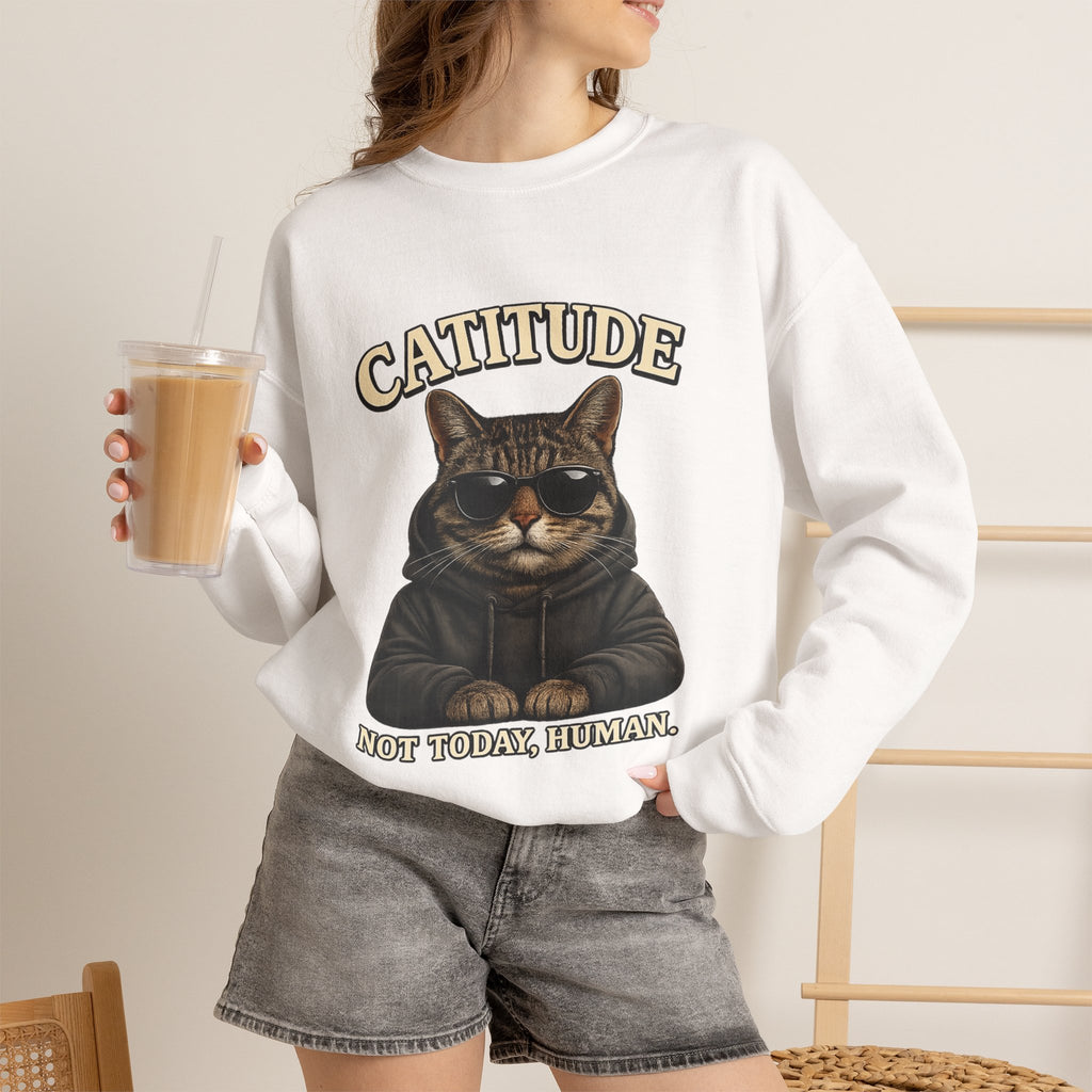 Catitude Crewneck Sweatshirt — "Not Today, Human" Graphic Cat Pullover