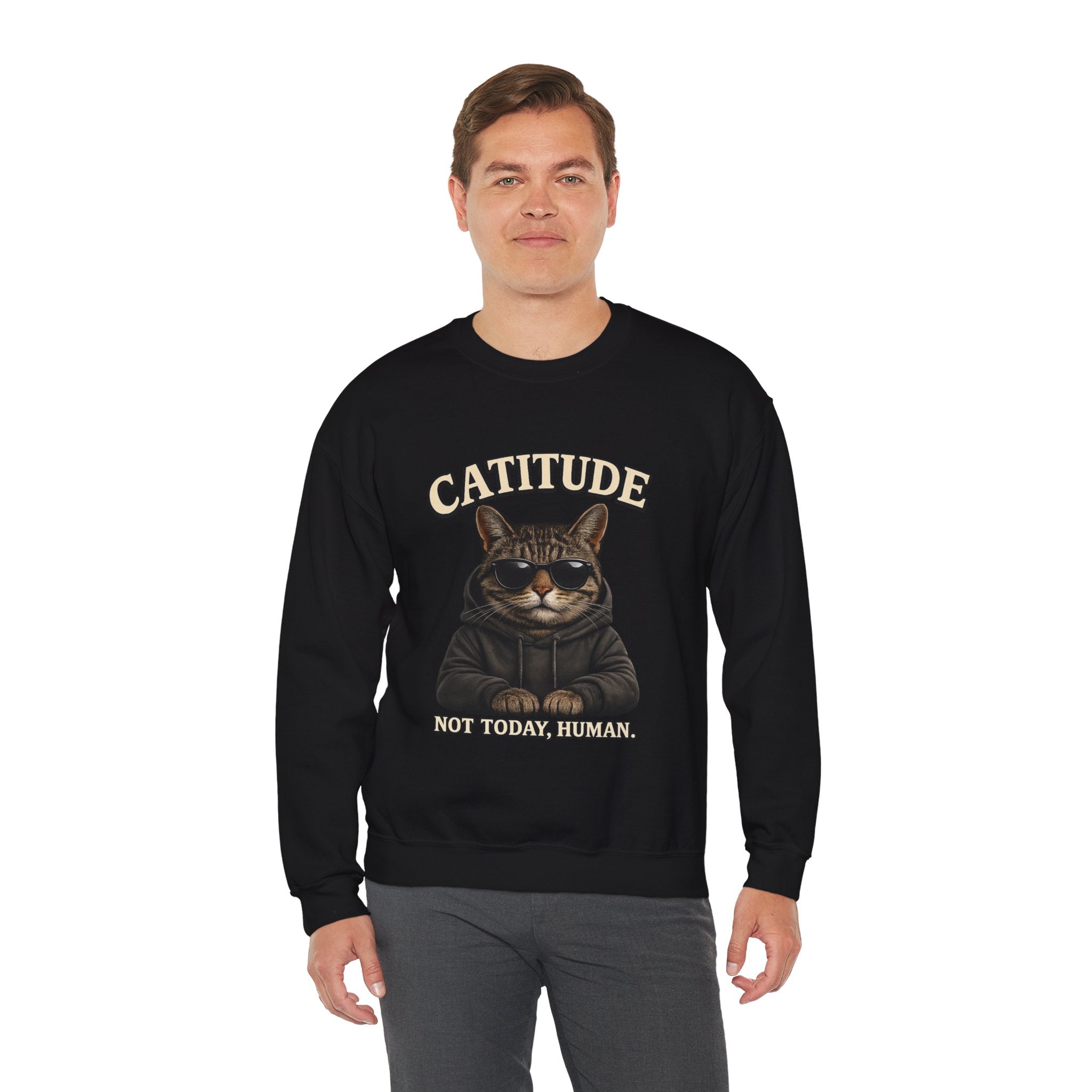 Catitude Crewneck Sweatshirt — "Not Today, Human" Graphic Cat Pullover