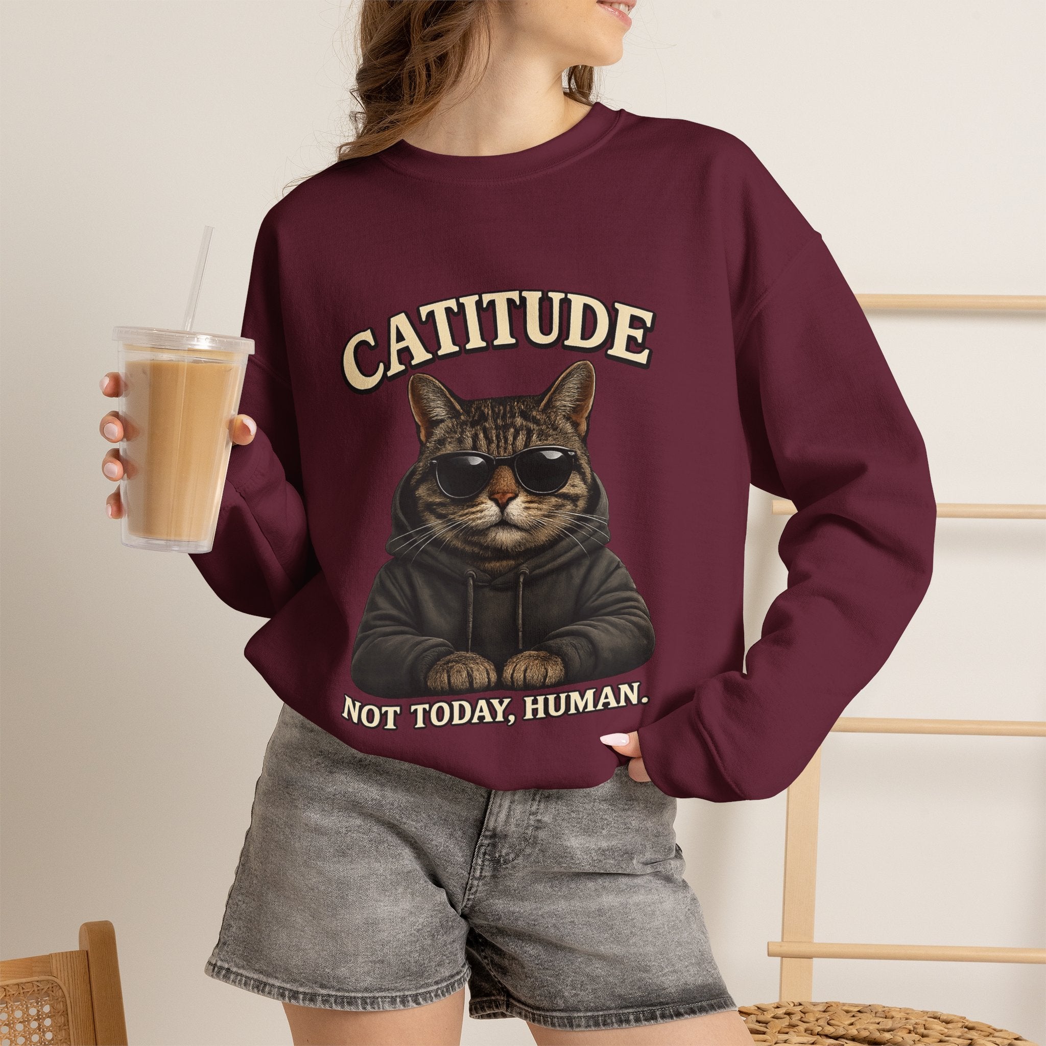 Catitude Crewneck Sweatshirt — "Not Today, Human" Graphic Cat Pullover